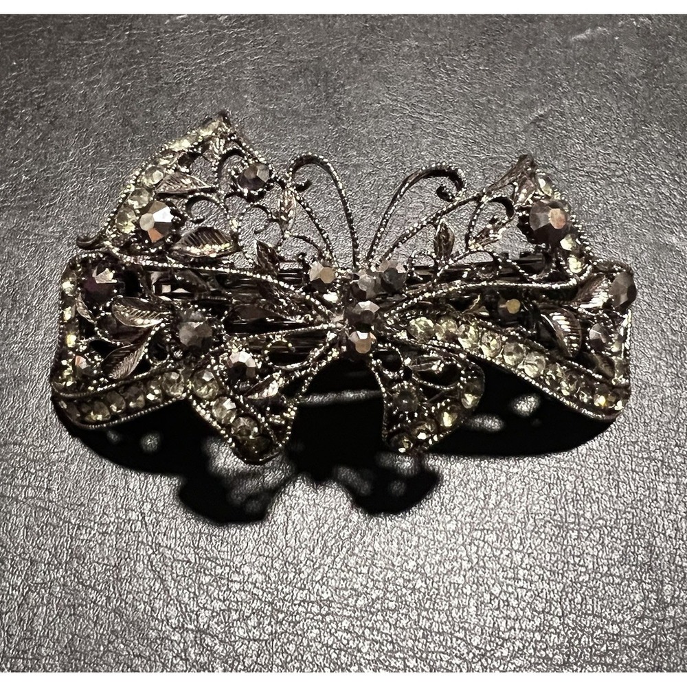 Vintage Rhinestone Butterfly Barrette Silver Metal Hair Clip Feminine Cute Boho
